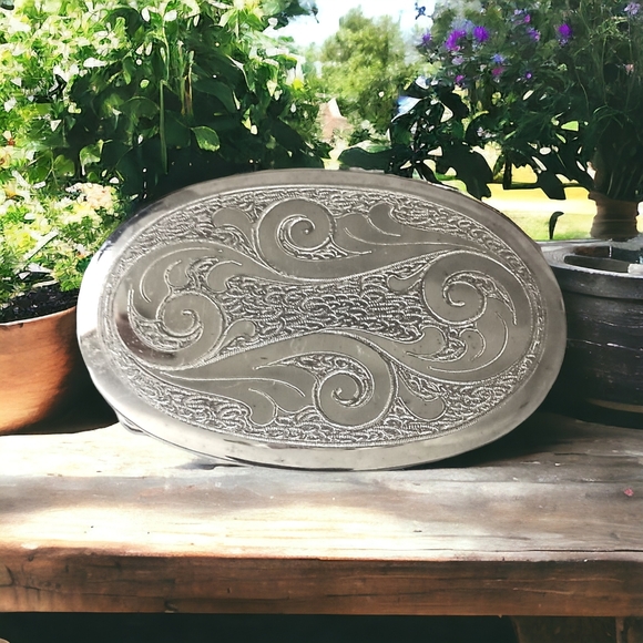 Frye Belt Buckle Etched German Silver Western Vintage Southwestern Cowgirl - Picture 12 of 14